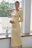 Champagne Square Neck Midi Sheath Formal Dress with Sleeves