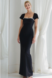 Black Square Neck Maxi Sheath Formal Dress with Sleeves