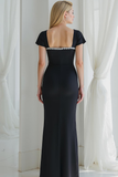 Black Square Neck Maxi Sheath Formal Dress with Sleeves