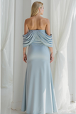 Sky Blue Satin Off the Shoulder Pleated Maxi Bridesmaid Dress