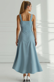 Dusty Blue Thick Straps Maxi Sheath Bridesmaid Dress