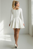 White A Line Square Neck Short Bridal Shower Dress with Sleeves