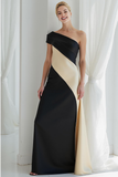 Black and Ivory One Shoulder Sheath Maxi Formal Dress