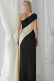 Black and Ivory One Shoulder Sheath Maxi Formal Dress