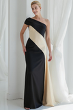 Black and Ivory One Shoulder Sheath Maxi Formal Dress