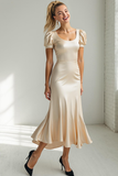 Champagne Satin Mermaid Scoop Neck Maxi Wedding Guest Dress