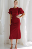 Cabernet Sheath Round Neck Midi Wedding Guest Dress with Sleeves