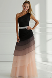 Black and Light Pink A Line Tiered One Shoulder Long Evening Dress