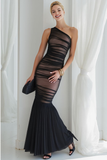 Black Tulle Mermaid One Shoulder Long Evening Dress