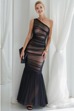 Black Tulle Mermaid One Shoulder Long Evening Dress