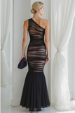 Black Tulle Mermaid One Shoulder Long Evening Dress