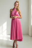 Hot Pink Satin Pleated Halter A Line Long Wedding Guest Dress