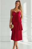 Red Pleated Satin Tiered A Line Spaghetti Straps Midi Wedding Guest Dress