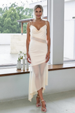 White Spaghetti Straps Sheath Asymmetrical Rehearsal Dinner Dress with Tulle