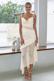 White Spaghetti Straps Sheath Asymmetrical Rehearsal Dinner Dress with Tulle