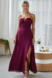 Purple A Line Spaghetti Straps Ruched Maxi Wedding Guest Dress with Slit