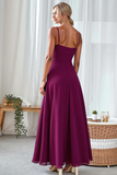 Purple A Line Spaghetti Straps Ruched Maxi Wedding Guest Dress with Slit