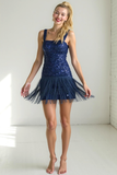 Sparkly Navy Sequins Thick Straps Bodycon Short Cocktail Dress with Fringes