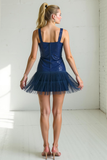 Sparkly Navy Sequins Thick Straps Bodycon Short Cocktail Dress with Fringes