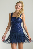 Sparkly Navy Sequins Thick Straps Bodycon Short Cocktail Dress with Fringes