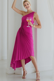 Fuchsia Pleated One Shoulder A Line Asymmetrical Wedding Guest Dress