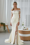 White Mermaid Off the Shoulder Sweep Train Wedding Dress with Lace