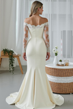 White Mermaid Off the Shoulder Sweep Train Wedding Dress with Lace