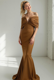 Brown Mermaid Sweep Train Ruched Off the Shoulder Formal Dress