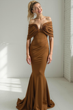 Brown Mermaid Sweep Train Ruched Off the Shoulder Formal Dress