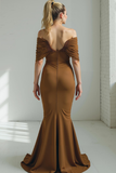 Brown Mermaid Sweep Train Ruched Off the Shoulder Formal Dress