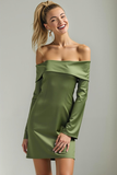 Green Tight Satin Off the Shoulder Short Wedding Guest Dress with Sleeves