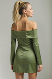 Green Tight Satin Off the Shoulder Short Wedding Guest Dress with Sleeves