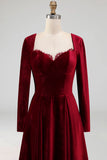 Cabernet Velvet A Line Sweetheart Long Wedding Guest Dress with Sleeves