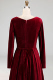 Cabernet Velvet A Line Sweetheart Long Wedding Guest Dress with Sleeves
