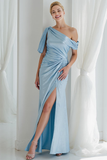 Sky Blue Satin Sheath Asymmetrical Neck Long Wedding Guest Dress with Slit