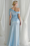 Sky Blue Satin Sheath Asymmetrical Neck Long Wedding Guest Dress with Slit