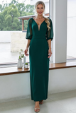 Dark Green Sheath Chiffon V-Neck Maxi Wedding Guest Dress with Sleeves