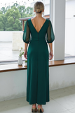 Dark Green Sheath Chiffon V-Neck Maxi Wedding Guest Dress with Sleeves