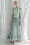 Dusty Blue High Neck A Line Maxi Wedding Guest Dress with Flowers