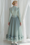Dusty Blue High Neck A Line Maxi Wedding Guest Dress with Flowers