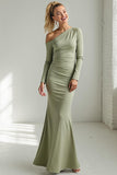 Sage Green Mermaid One Shoulder Long Wedding Guest Dress with Sleeves