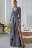 Grey V-Neck A Line Ruffled Long Bridesmaid Dress with Slit