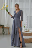 Grey V-Neck A Line Ruffled Long Bridesmaid Dress with Slit