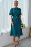 Peacock Green Chiffon A Line Round Neck Midi Wedding Guest Dress with Sleeves