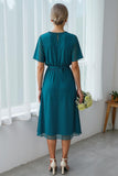 Peacock Green Chiffon A Line Round Neck Midi Wedding Guest Dress with Sleeves