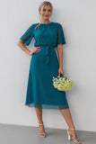 Peacock Green Chiffon A Line Round Neck Midi Wedding Guest Dress with Sleeves