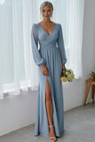 Dusty Blue Chiffon V-Neck Long Bridesmaid Dress with Slit