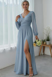 Dusty Blue Chiffon V-Neck Long Bridesmaid Dress with Slit