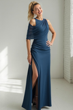 Navy Sheath Chiffon Round Neck Ruched Maxi Bridesmaid Dress with Slit