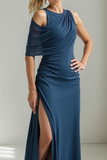 Navy Sheath Chiffon Round Neck Ruched Maxi Bridesmaid Dress with Slit